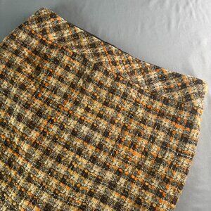 Loft Brown Tan Cream & Orange Plaid Midi Skirt Zip Lined Textured Trendy Wool 14